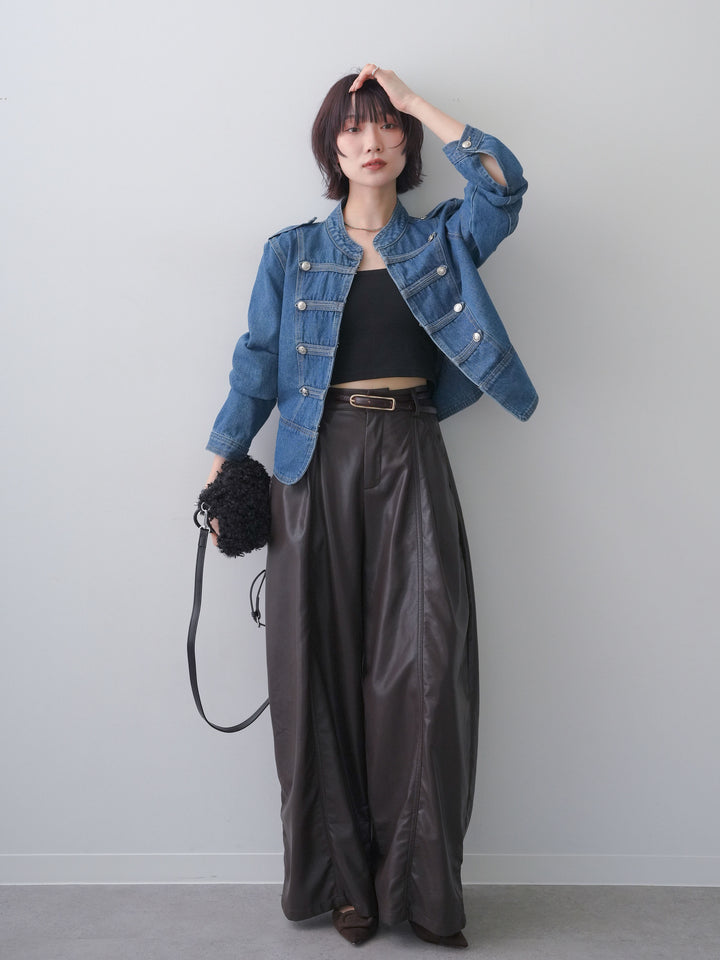 [SET]ナポレオンデニムジャケット+フェイクレザーワイドパンツ(2set)