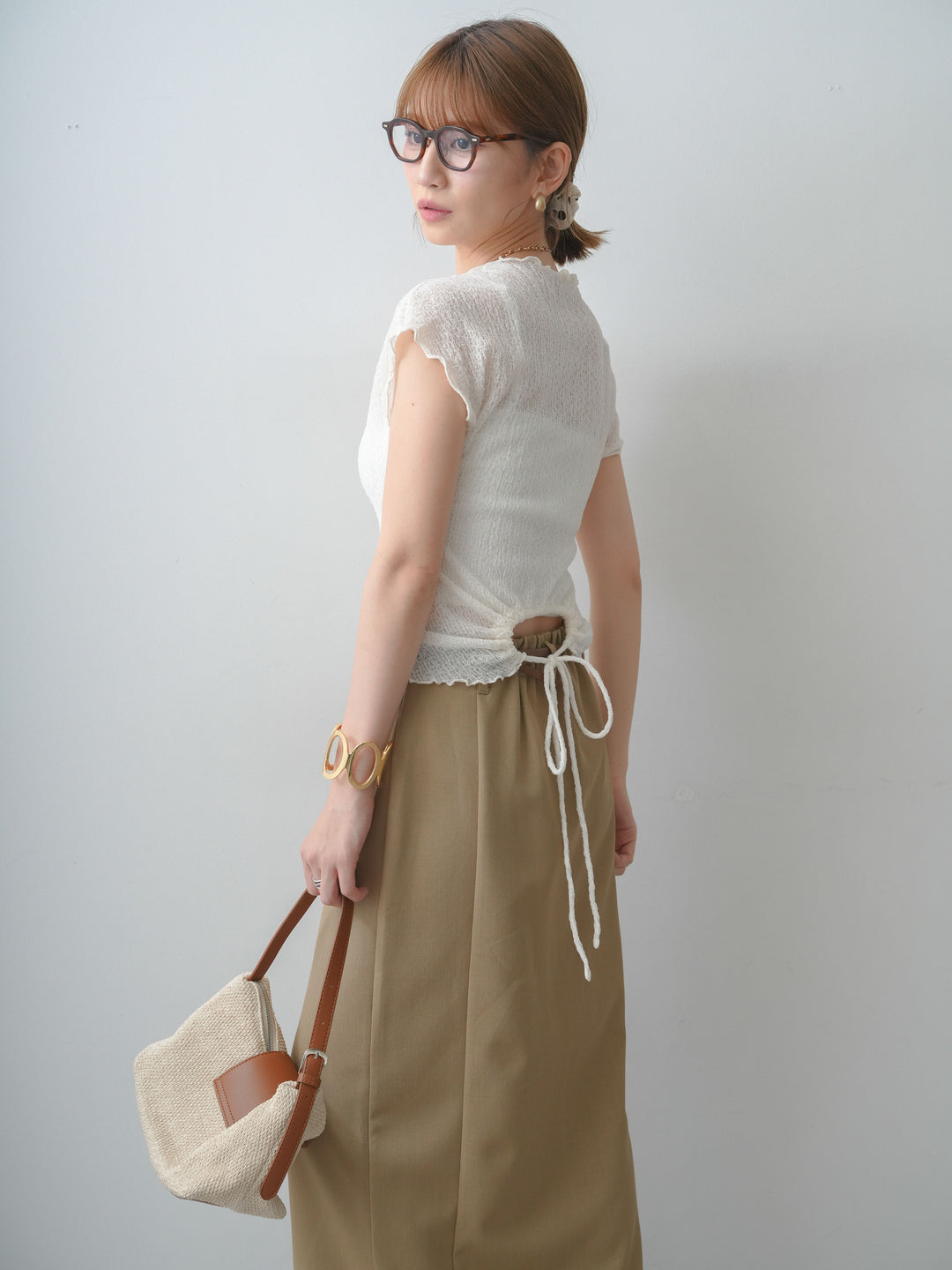 [SET]シャーリングシアーバックオープンフレンチトップス+クレープデシンフラップ付きストレートスカート(2set)