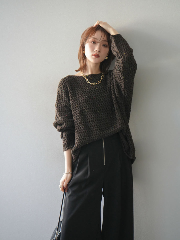 [予約]ネップ透かし編みオーバーニット/brown