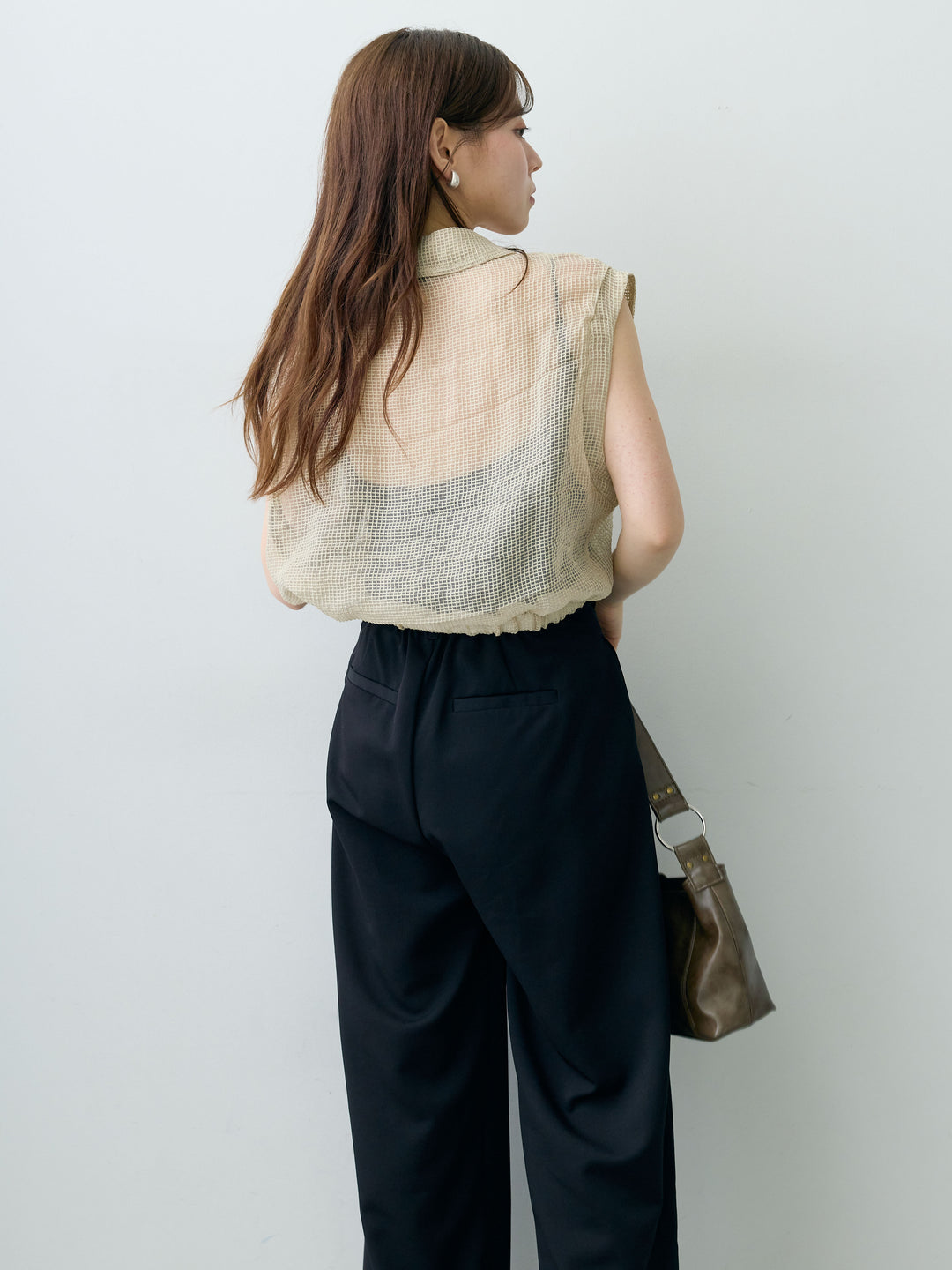 [SET]ラッセルメッシュフレンチシャツ+クレープデシンタックワイドパンツ(2set)