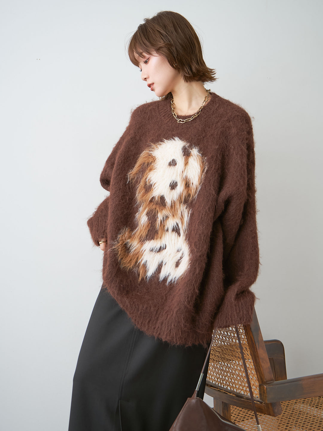 [SET]シャギードッグモチーフニットトップス+クレープデシンフラップ付きストレートスカート(2set)
