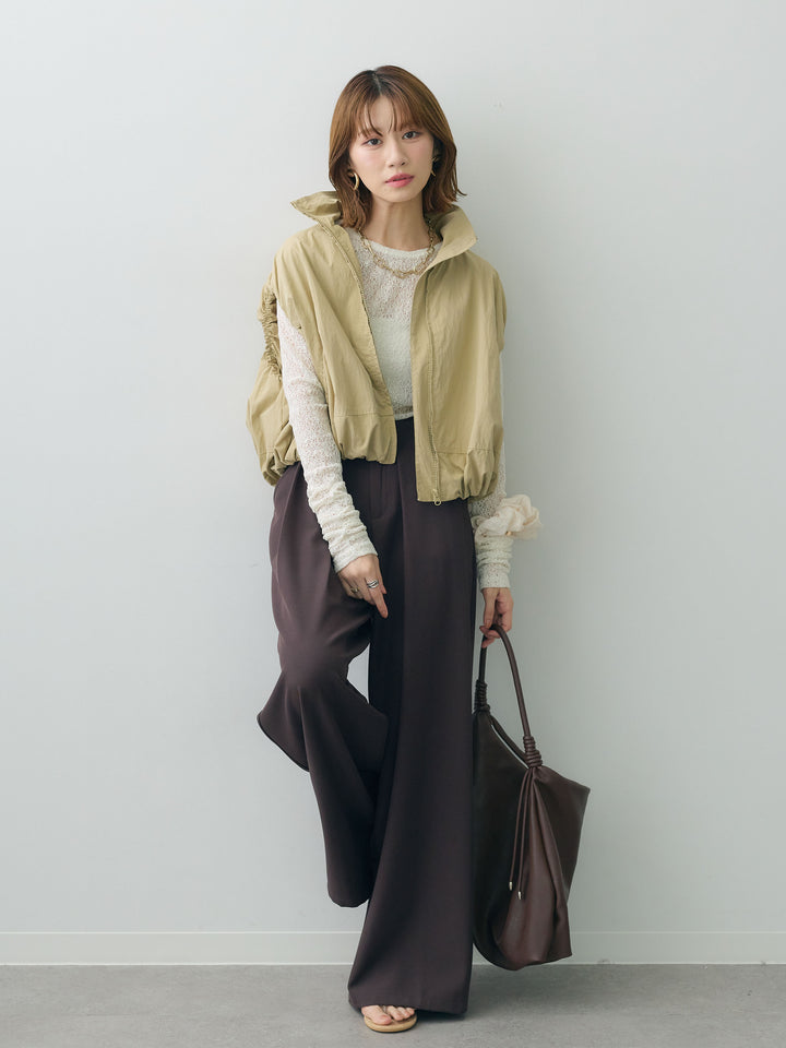 [SET]バルーンギャザーベスト+メッシュレースバックオープントップス+ベルトループデザインワイドパンツ(3set)