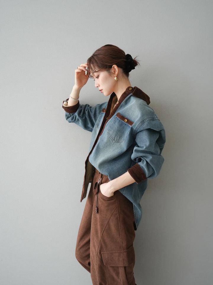 [予約]裏起毛コーデュロイ襟デニムシャツジャケット/ blue
