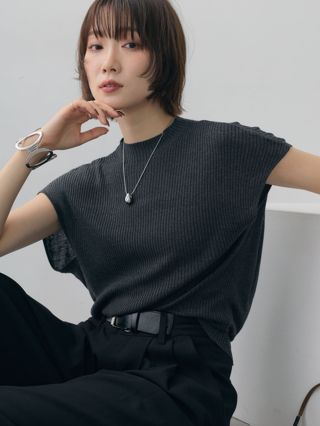[予約]ボトルネックフロントリブニットトップス/gray