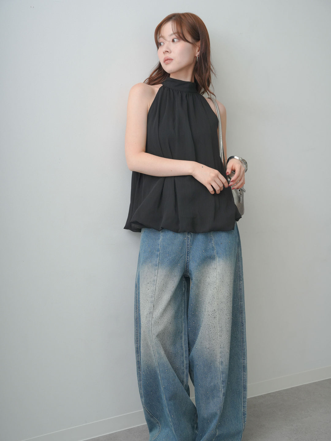 [SET]シフォンアメスリバルーンブラウス+フロントビジューカーブデニムパンツ(2set)