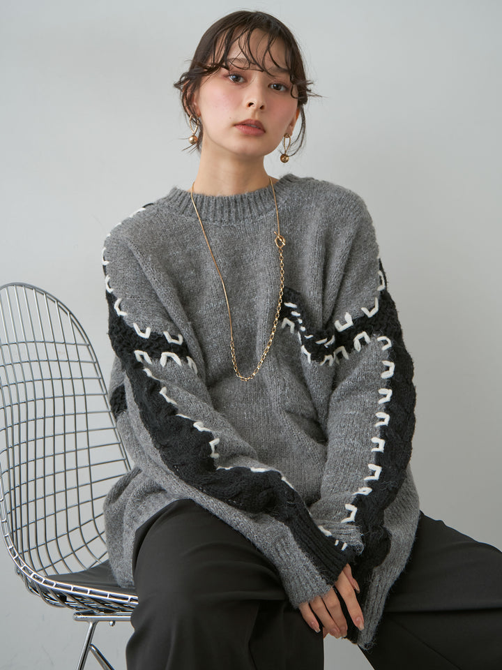 [予約]ハンドステッチデザインニットトップス/gray