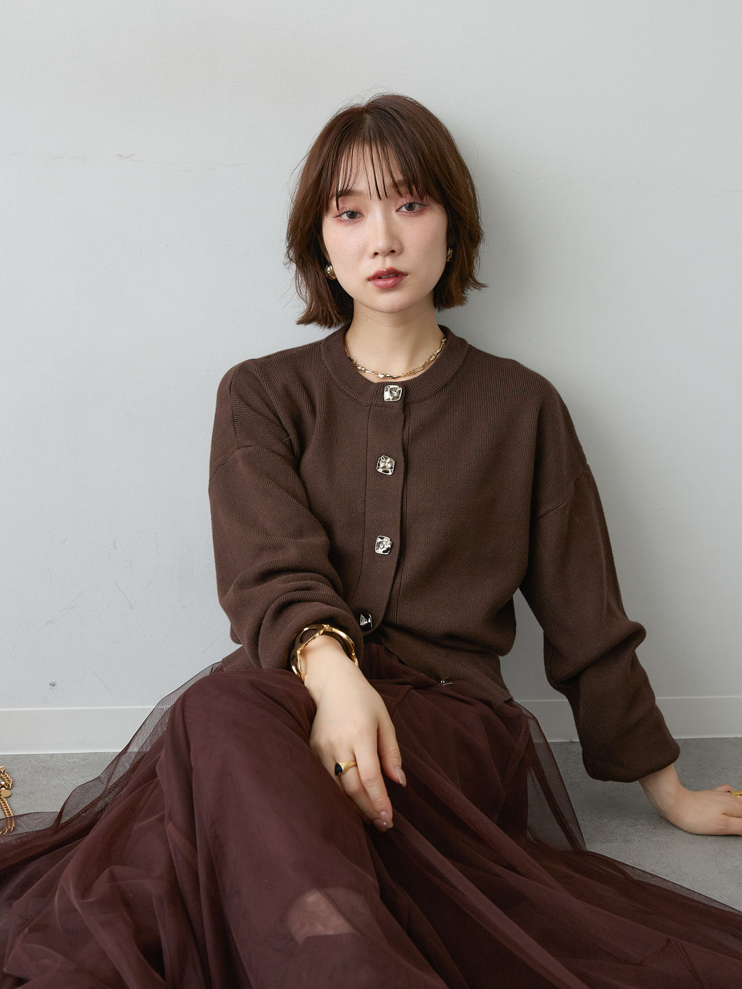[SET]スクエアシルバーボタンハイゲージニットカーディガン+選べるアクセセット(2set)