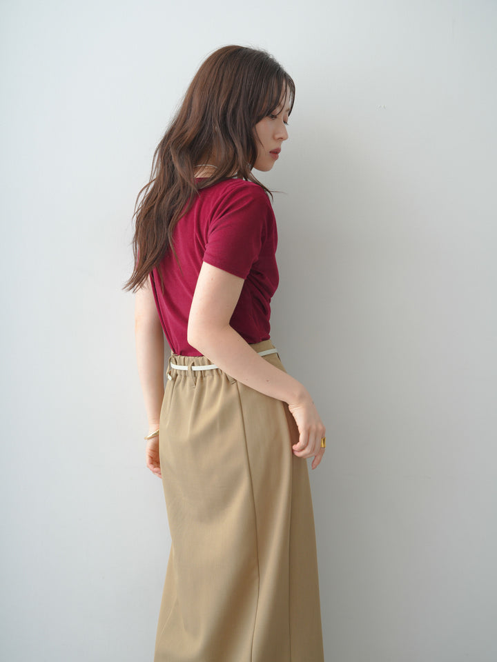 [SET]アシメネックシアーベロアトップス+クレープデシンフラップ付きストレートスカート(2set)