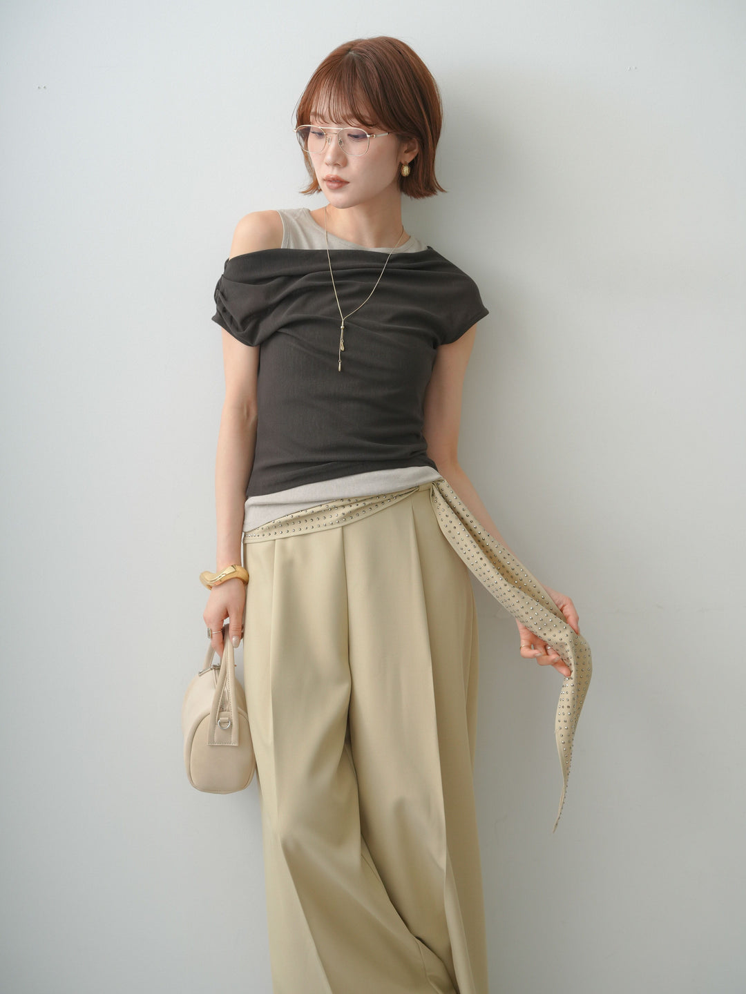 [予約]レイヤードドッキングシアーニットトップス/brown