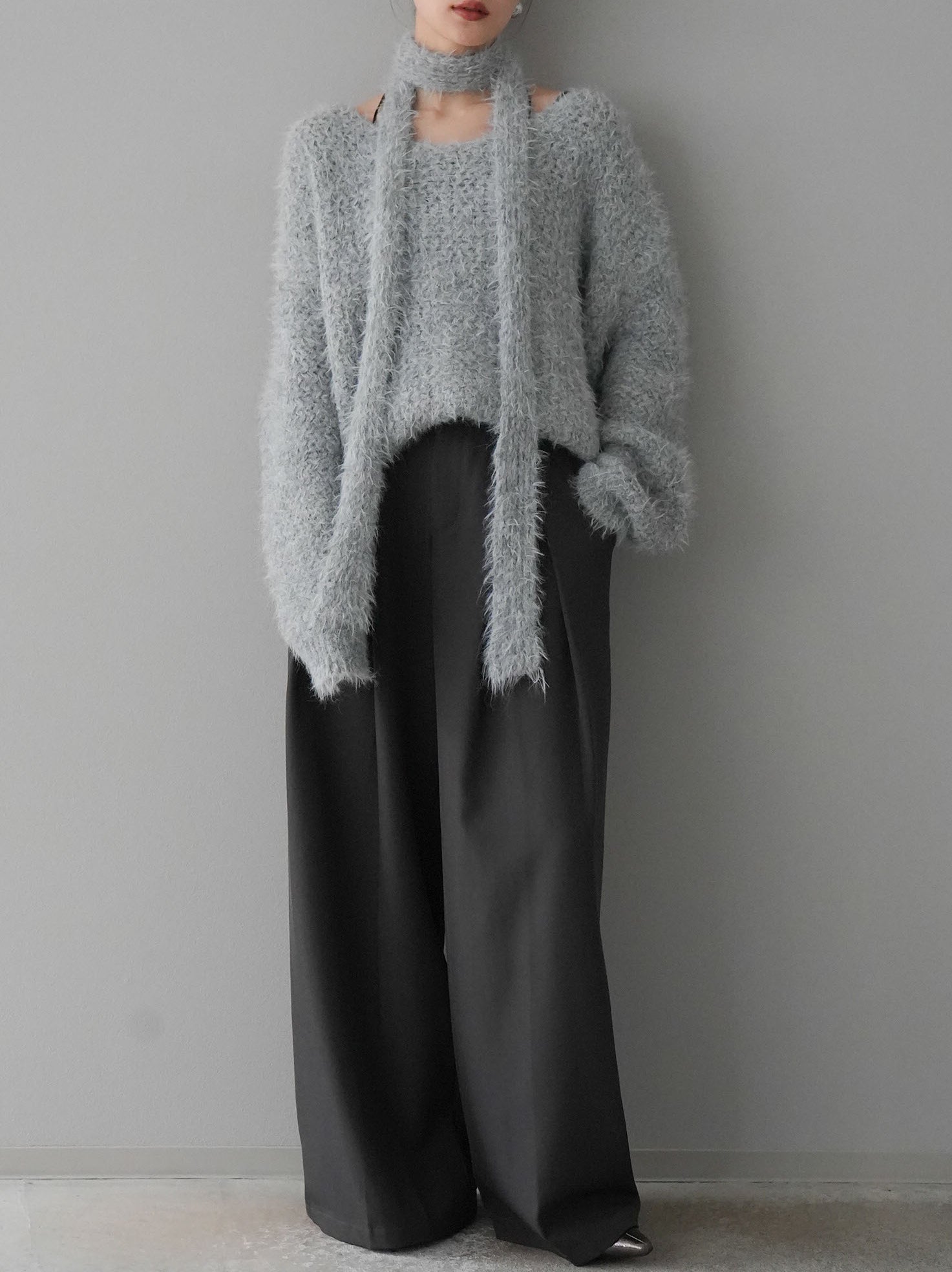 予約]ストール付ミックスヤーンシャギーニット/グレー – Lumier