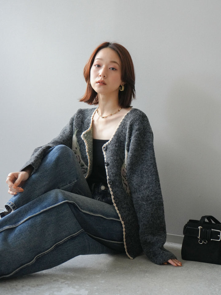 [予約]アンティークフラワージャガードニットカーディガン/charcoal