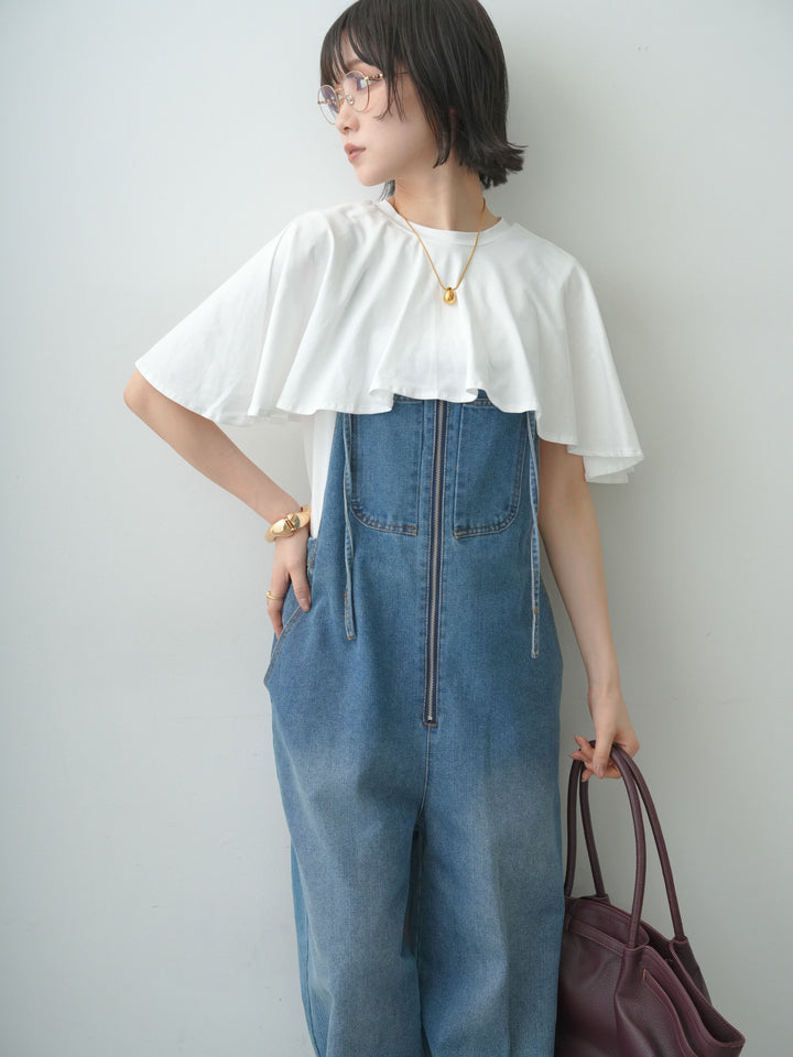 [SET]前後2wayケープTEE+フロントジップデニムサロペット(2set)
