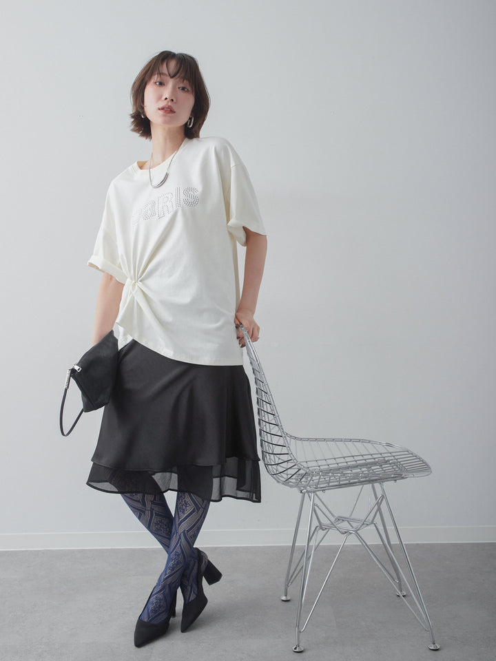[SET]スタッズロゴTEE+サテンシフォンレイヤードスカート(2set)