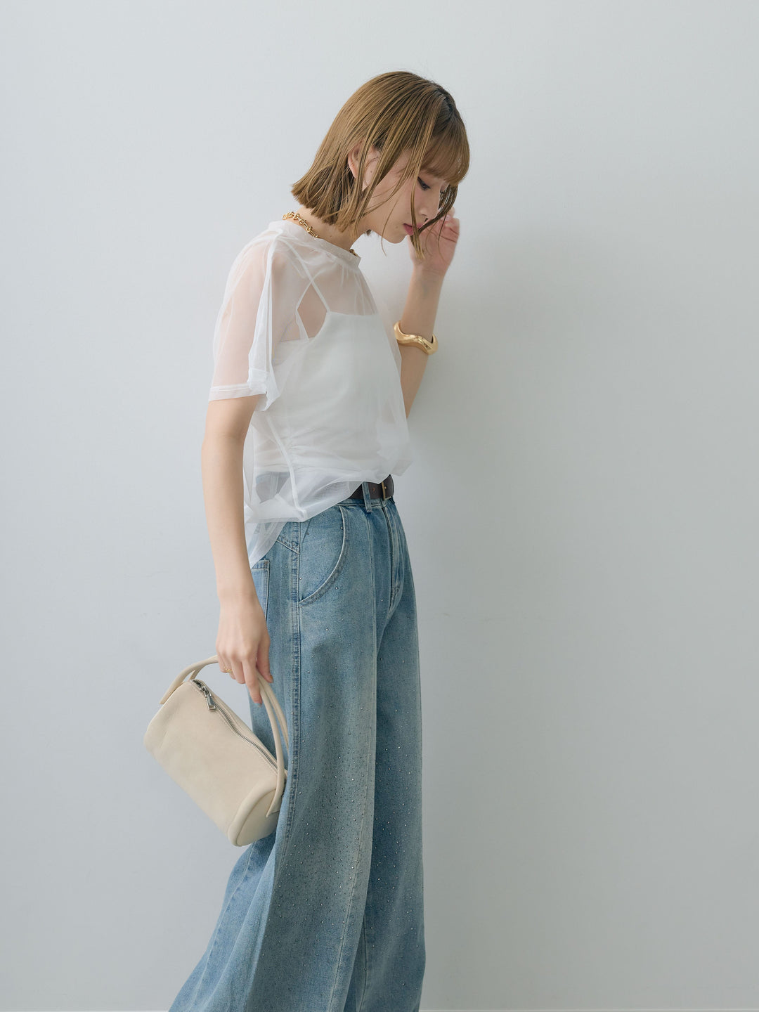 [SET]インナーキャミ付シアーオーバーTEE+フロントビジューカーブデニムパンツ(2set)
