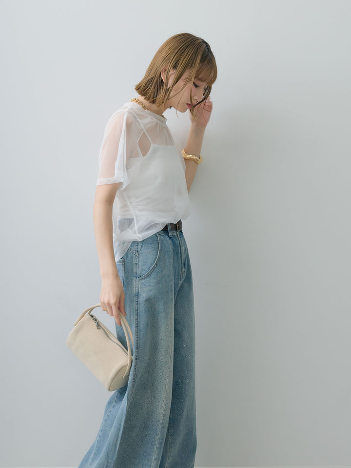 [SET]インナーキャミ付シアーオーバーTEE+フロントビジューカーブデニムパンツ(2set)