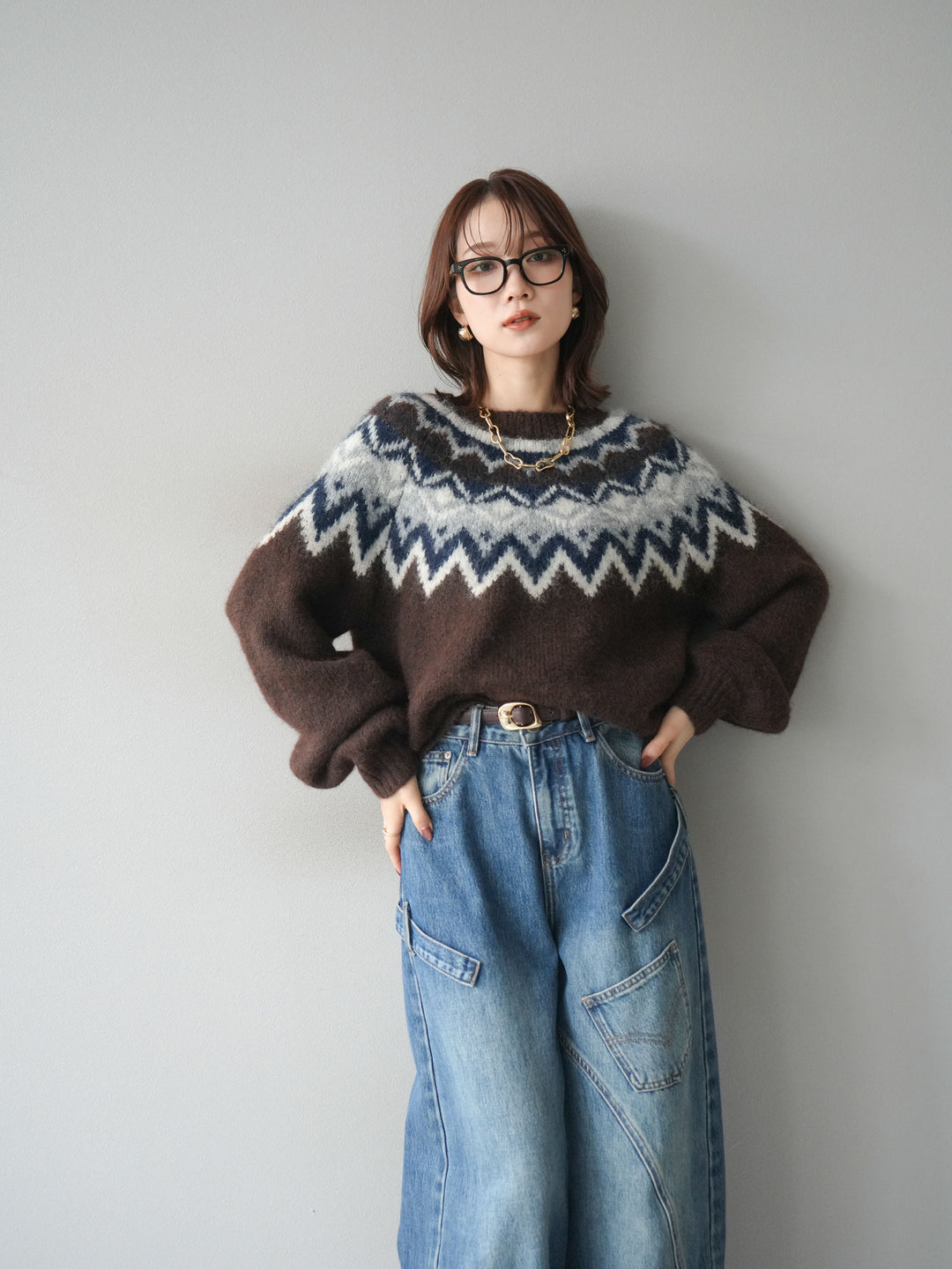 [SET]求心柄オーバーニットプルオーバー+ペインターカーブデニムパンツ(2set)