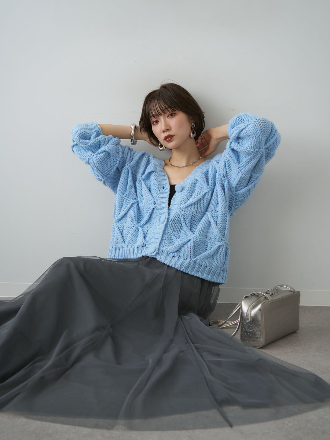 [SET]ダイヤ編立体ニットカーディガン+選べるアクセセット(2set)
