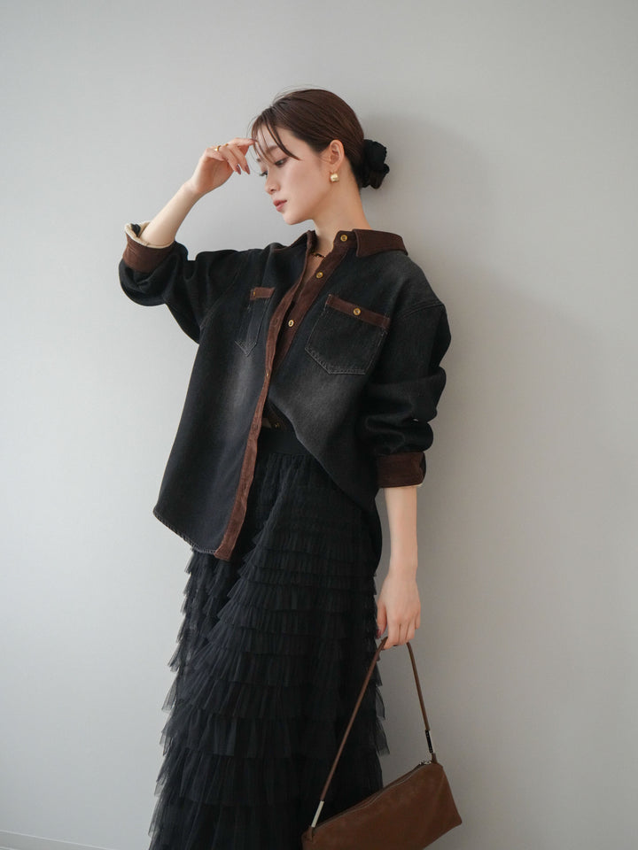 [予約]裏起毛コーデュロイ襟デニムシャツジャケット/black