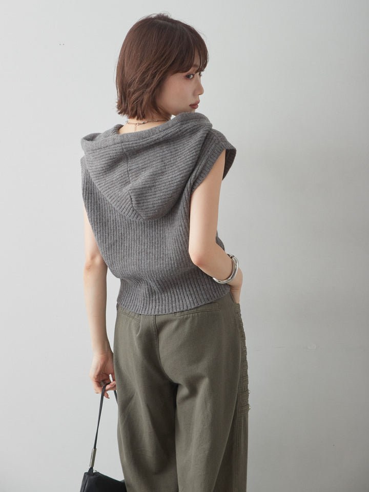 [予約]アルパカタッチフードリブニットベスト/charcoal