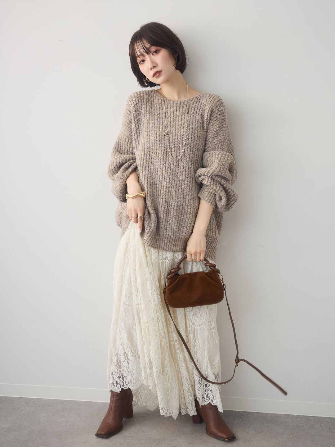 [SET]バルーンスリーブスパンリブニットトップス+ベロアレースドレープフレアスカート(2set)