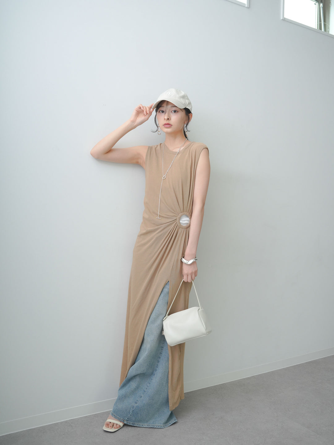 [予約]リングギャザースリットワンピース/brown