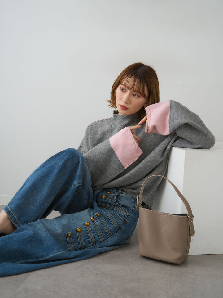 [予約]バイカラートリムワイドハイネックニットトップス/mokugray
