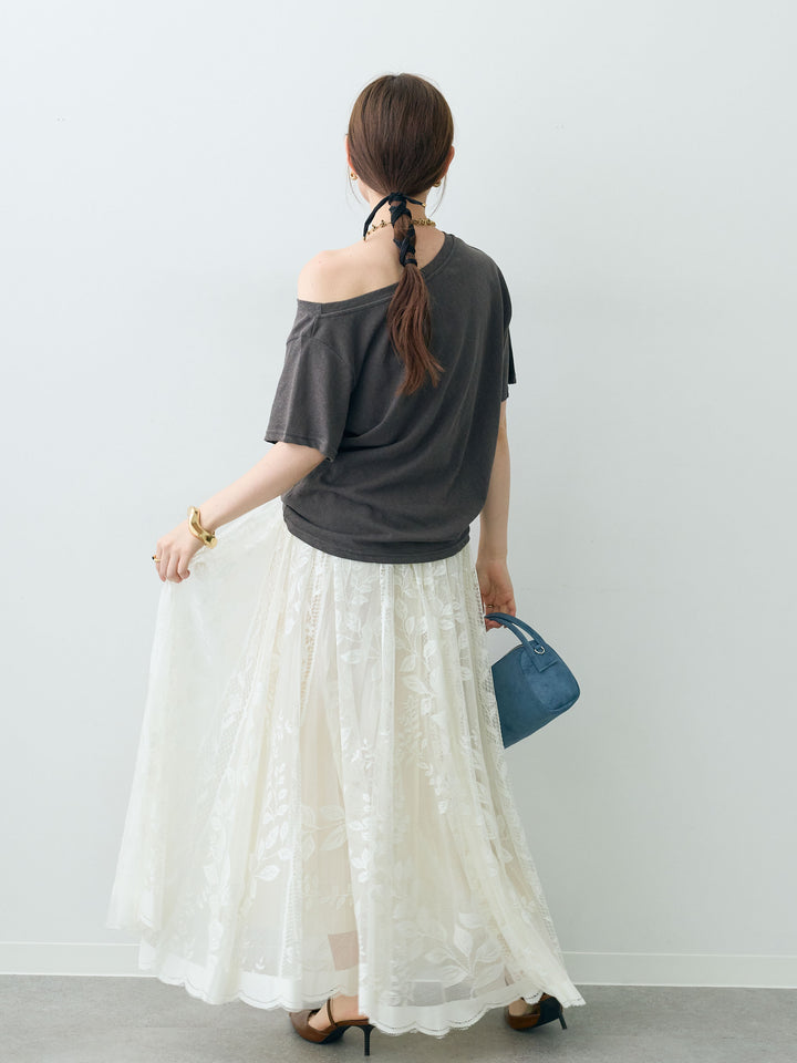 [SET]ワイドネックプリントTEE+ボタニカルパネルレースフレアスカート(2set)