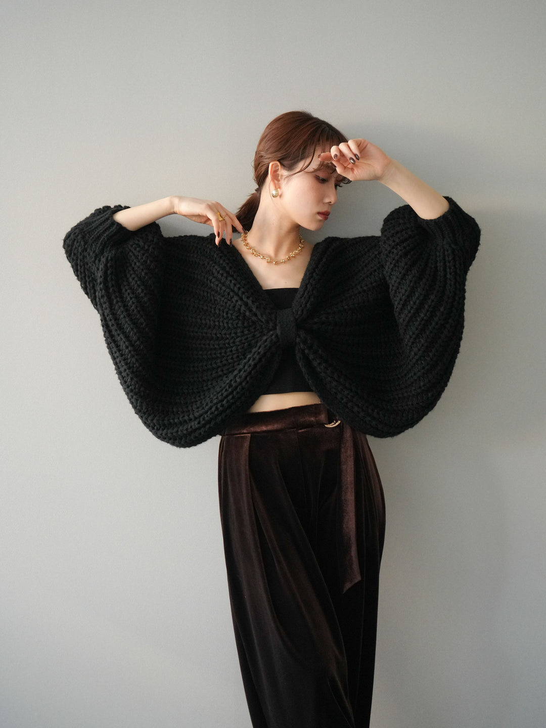 [SET]ローゲージ畦編みドルマンニットボレロ+ベロアベルトスリムパンツ(2set)