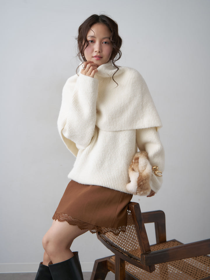 [予約]ケープドッキングデザインリブクルーネックニットトップス/ivory