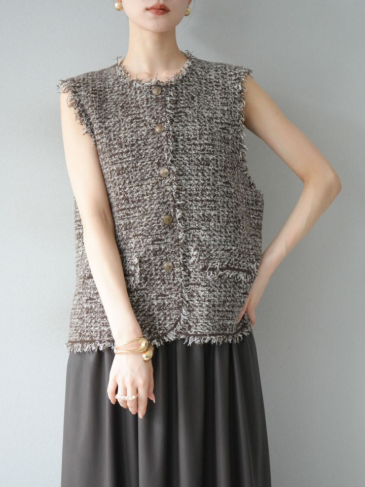 [予約]ミックスツイードフリンジニットベスト/ブラウン