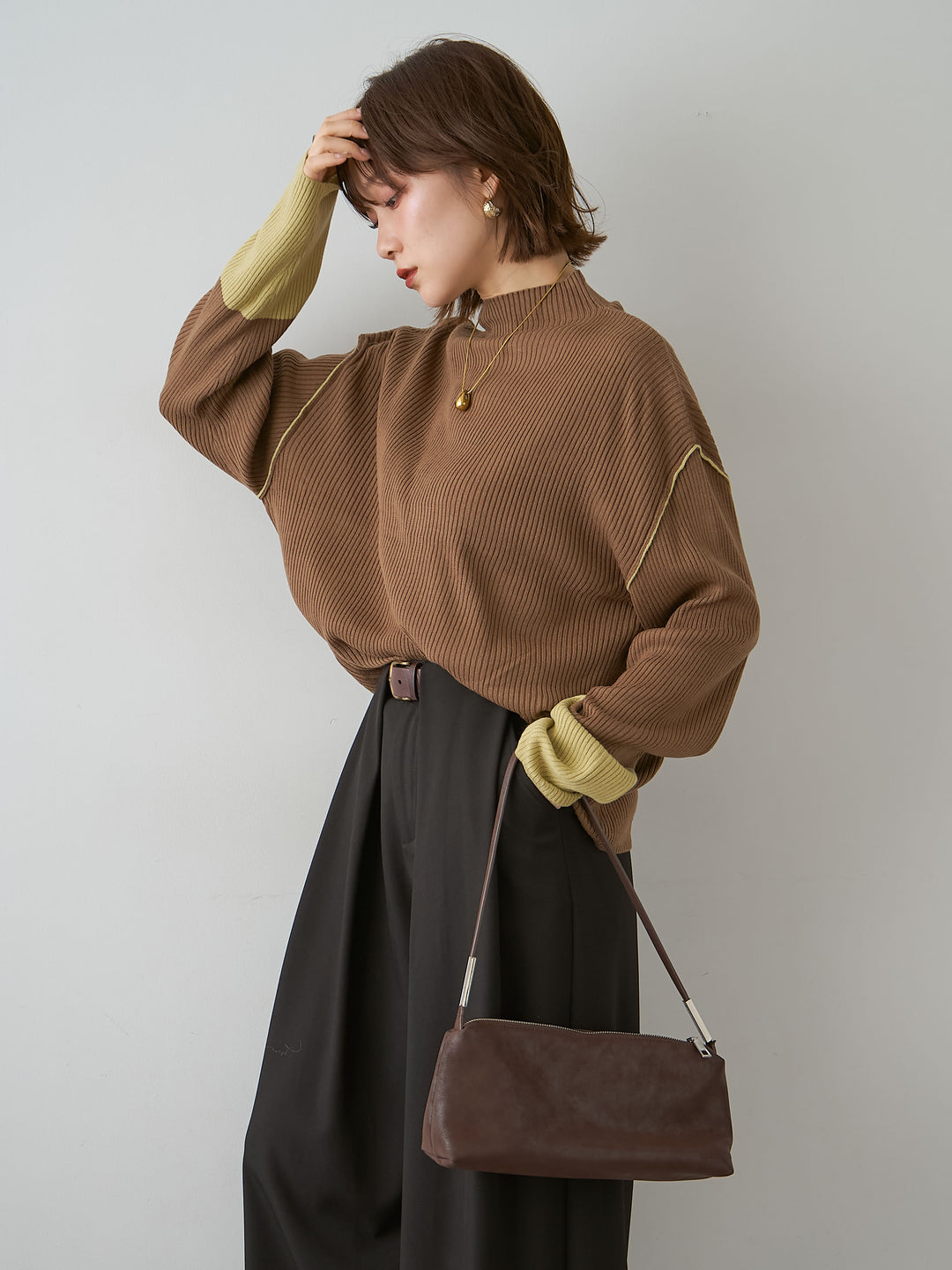 [予約]バイカラーモックネックリブニットトップス/brown
