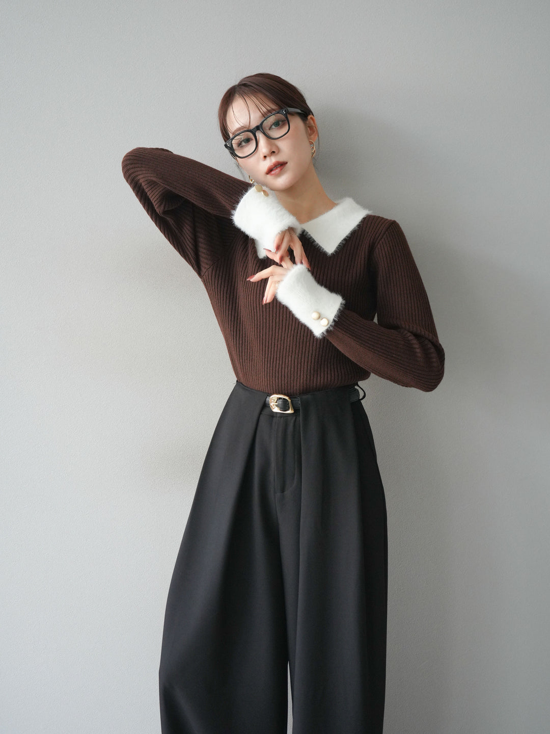 [SET]シャギー襟リブニットトップス+ベルトループデザインワイドパンツ(2set)