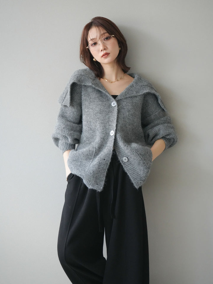 [予約]襟付きボタンオーバーニットカーディガン/gray