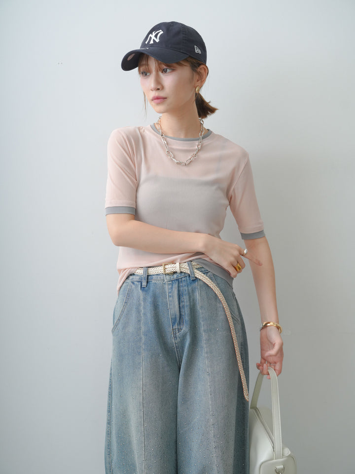 [SET]トリムレイヤードシアー半袖トップス+フロントビジューカーブデニムパンツ(2set)