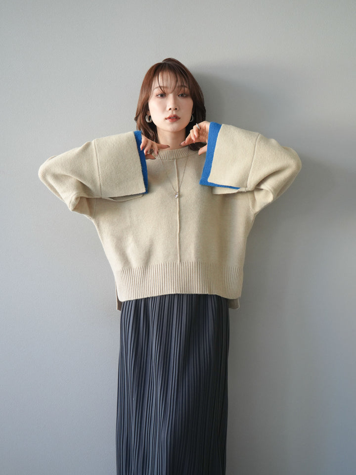 [SET]袖レイヤード配色ニットプルオーバー+プリーツIラインスカート(2set)