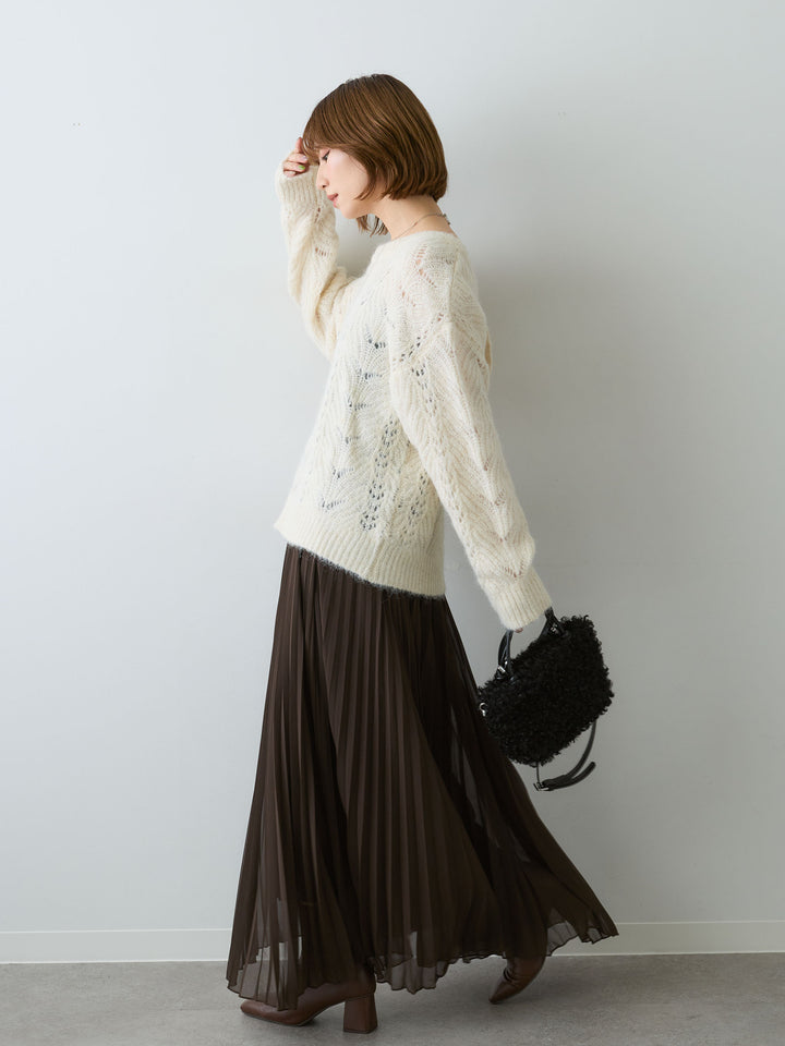 [SET]前後2WAY透かし編みケーブルニットトップス+プリーツフレアスカート(2set)