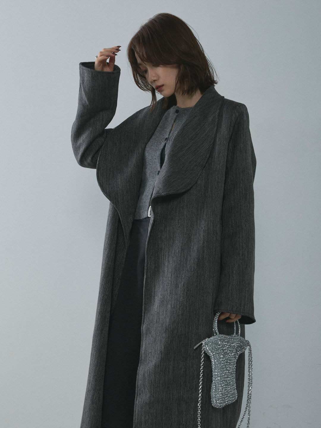 【Allure】[SET]ツイードタッチロングコート+ベルト付ウールタッチミディアムパンツ(2set)