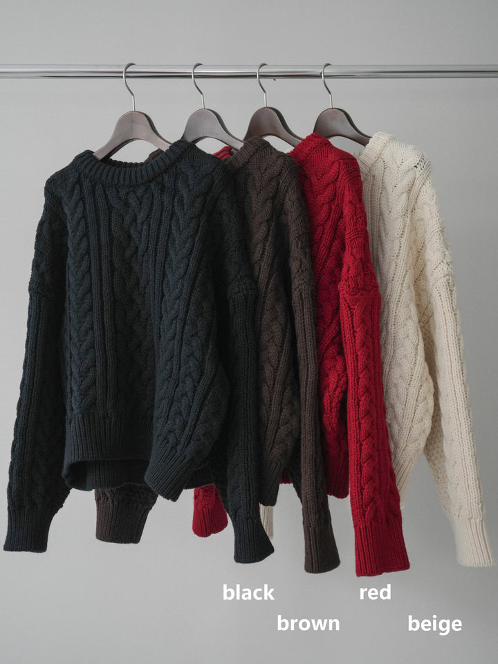 [SET]ボリュームケーブルニットプルオーバー+ベルトループデザインワイドパンツ(2set)