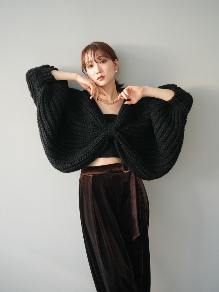 [SET]ローゲージ畦編みドルマンニットボレロ+ベロアベルトスリムパンツ(2set)