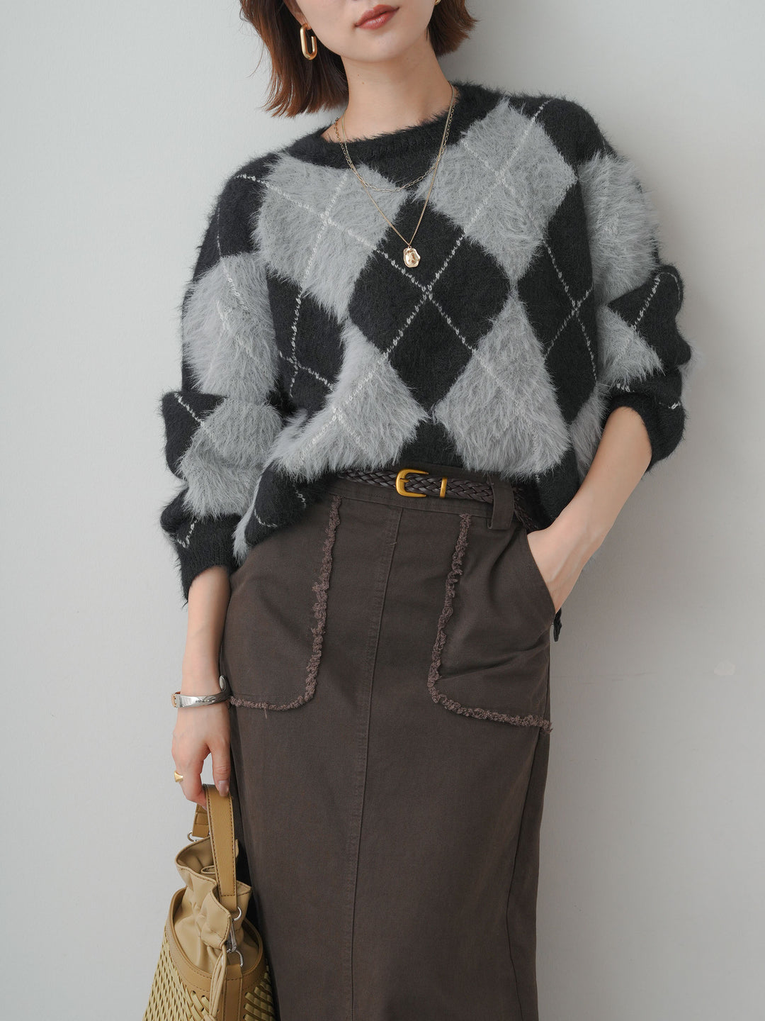 [予約]アーガイルシャギーニットトップス/black