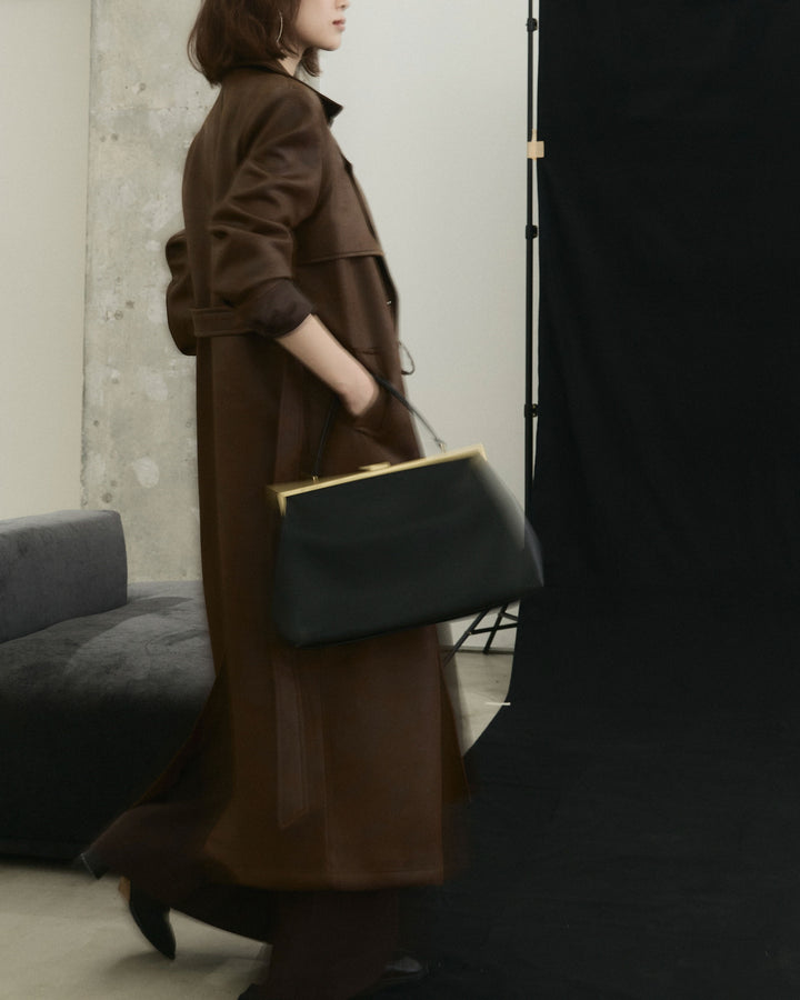 【Allure】[SET]デザインリブハーフニットトップス+ウールライクストライプワイドパンツ+ヴィンテージレザートレンチコート(3set)