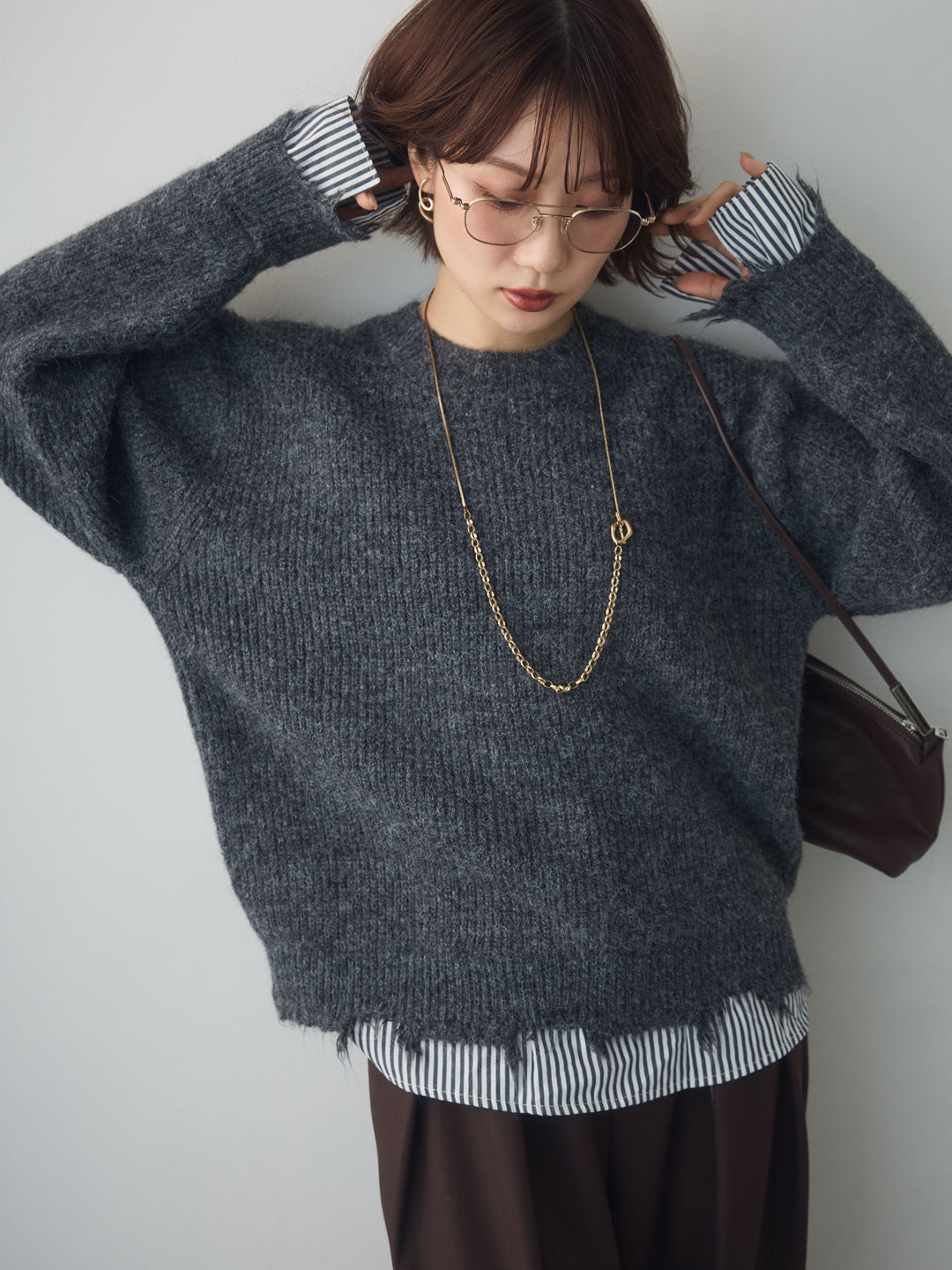 [予約]シャツレイヤードデザインモヘアプルオーバー/darkgray
