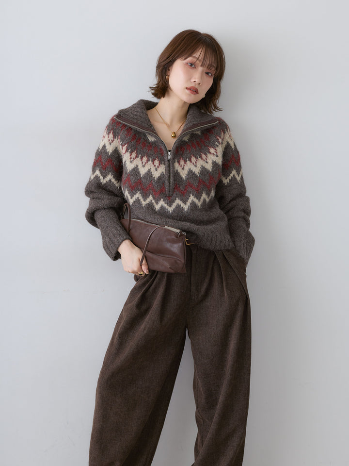 [予約]ノルディックハーフジップニットトップス/brown
