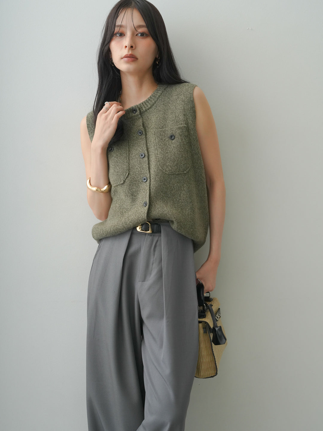【套裝】混色前扣針織背心+皮帶環設計闊腿褲（兩件組）