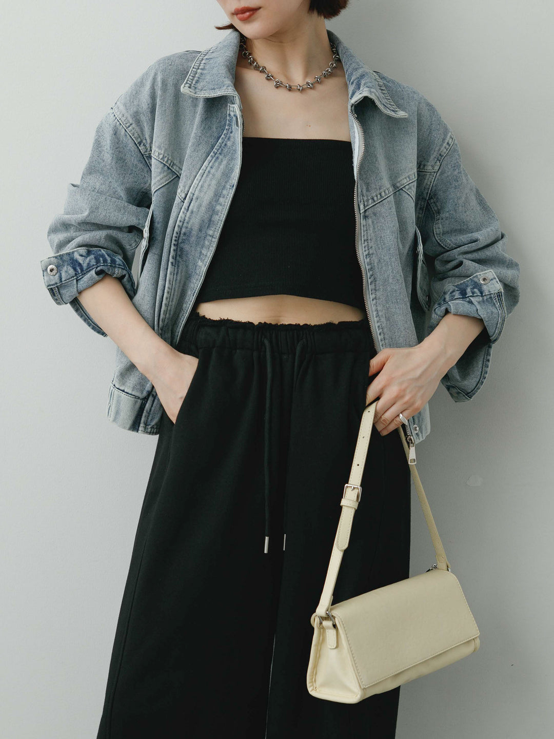 [SET]デニムショートブルゾン+カットオフスウェットワイドパンツ(2set)