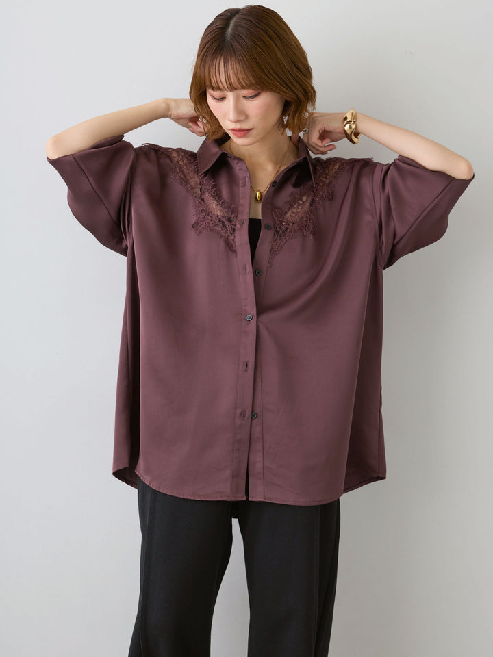 [予約]サテンレース切り替えシャツ/burgundy