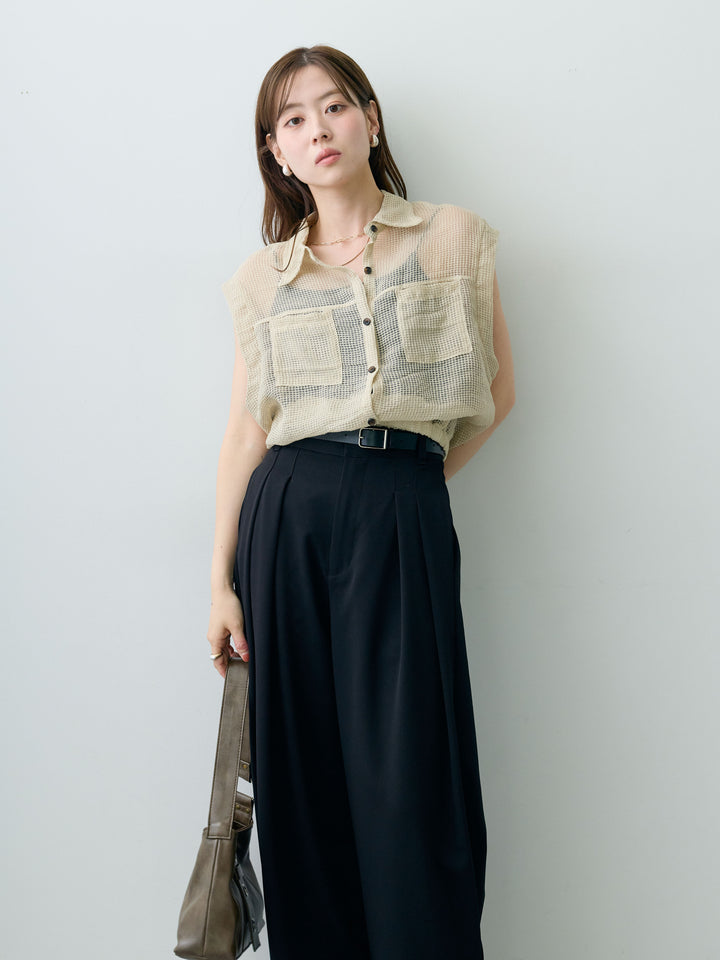 [SET]ラッセルメッシュフレンチシャツ+クレープデシンタックワイドパンツ(2set)