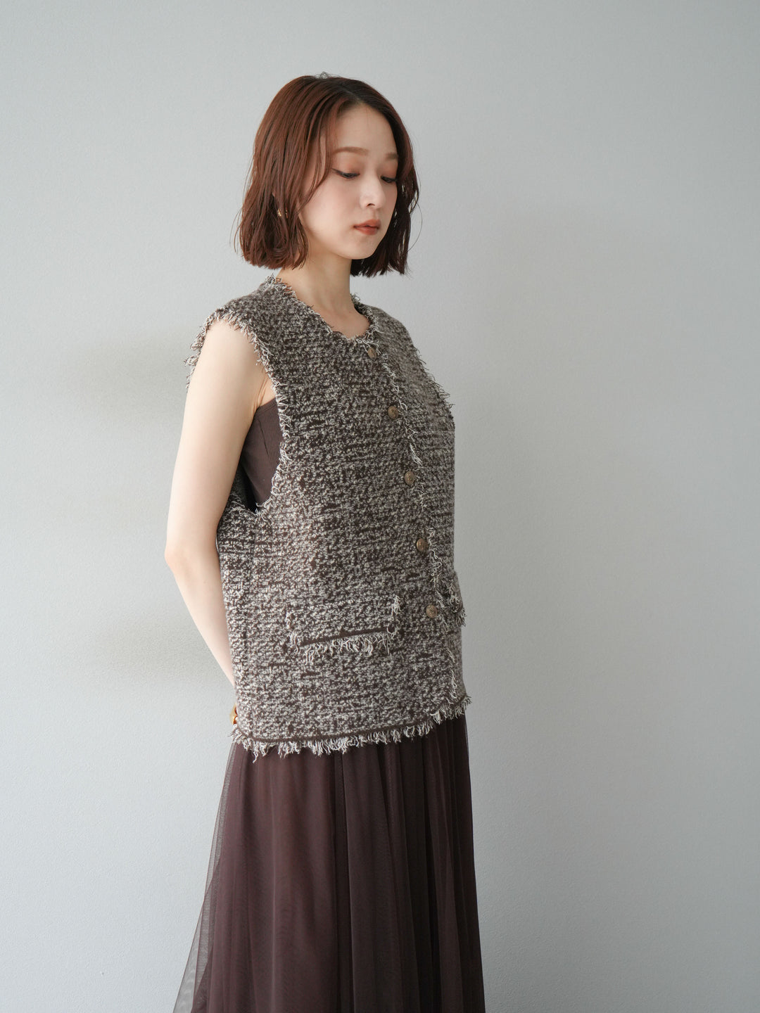 [予約]ミックスツイードフリンジニットベスト/ブラウン