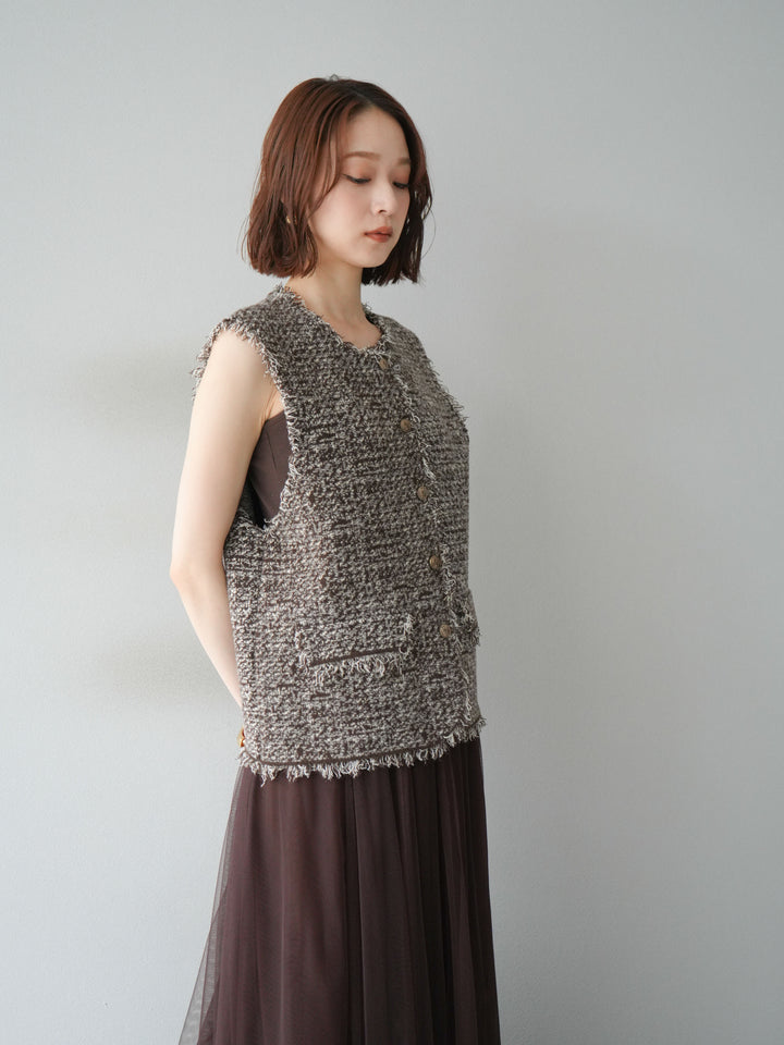 [予約]ミックスツイードフリンジニットベスト/ブラウン
