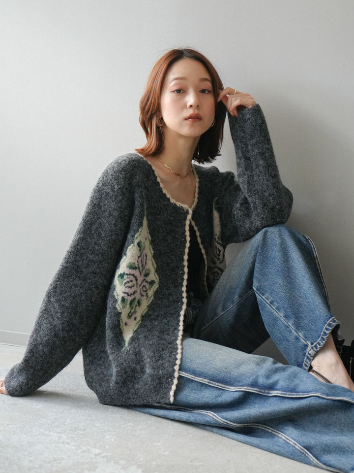 [予約]アンティークフラワージャガードニットカーディガン/charcoal